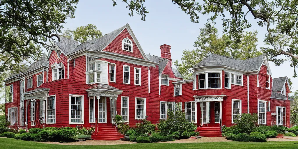 Prompt: red brick wooden cape cod with wood and tile white black mansion by mcalpine house, by jackson & leroy architects