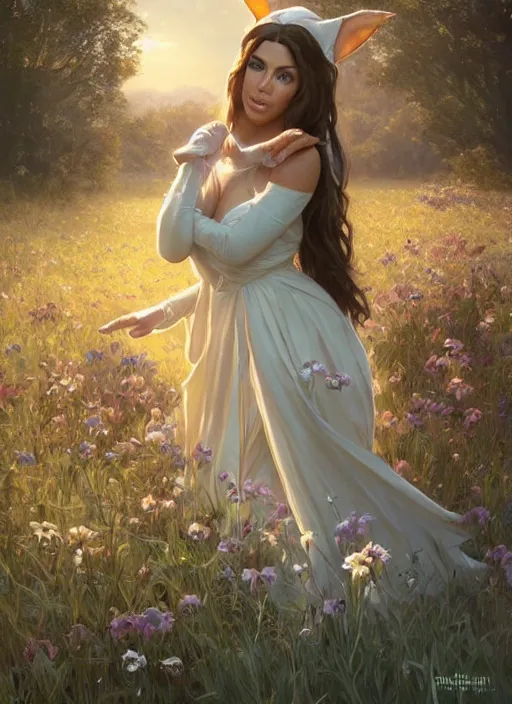 Image similar to Kim Kardashhian as a elf on a beutiful meadow, afternoon, art by Artgerm and Greg Rutkowski and Alphonse Mucha, DAZ, hyperrealistic, ambient light, dynamic light