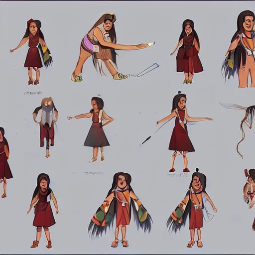 Image similar to native american girl, 2 d cartoon concept art model sheet