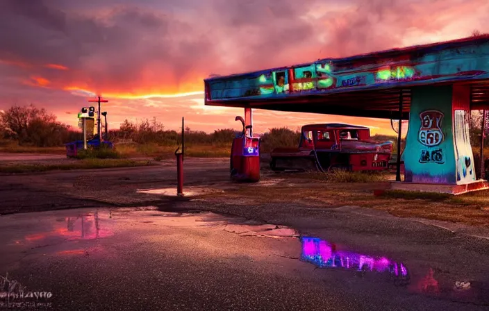 Image similar to a sunset light landscape with historical route 6 6, lots of sparkling details and sun ray ’ s, blinding backlight, smoke, volumetric lighting, colorful, octane, 3 5 mm, abandoned gas station, old rusty pickup - truck, beautiful epic colored reflections, very colorful heavenly, softlight