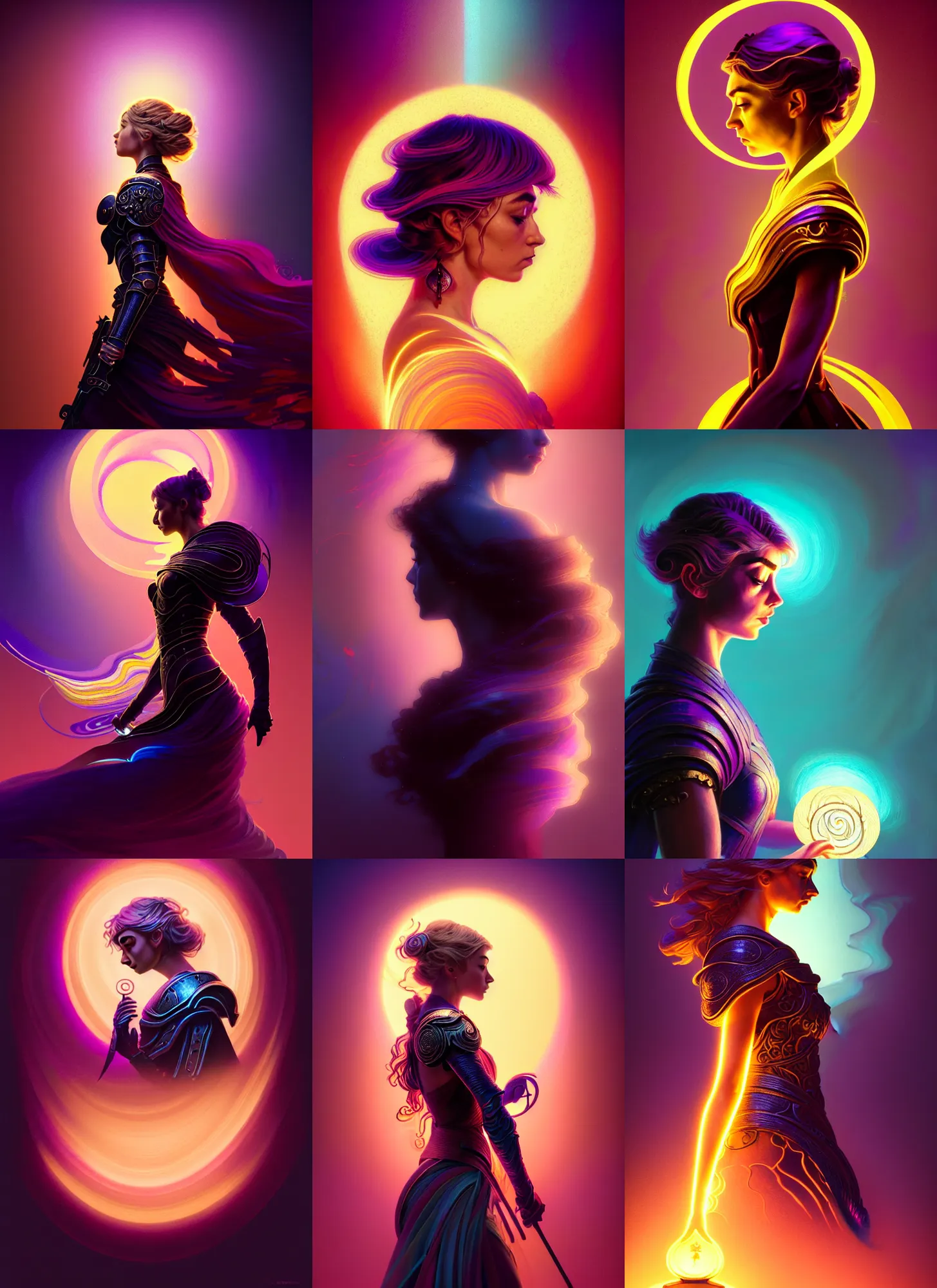 Prompt: side portrait, imogen poots paladin, gloomhaven, soft, smooth, luminescent, art nouveau tarot, backlit glow, colorful swirly ripples, gaudy colors, vogue, aesthetic octane render, unreal engine, 8 k, by greg rutkowski, jesper ejsing, rhads, ilya kuvshinov, cushart krenz