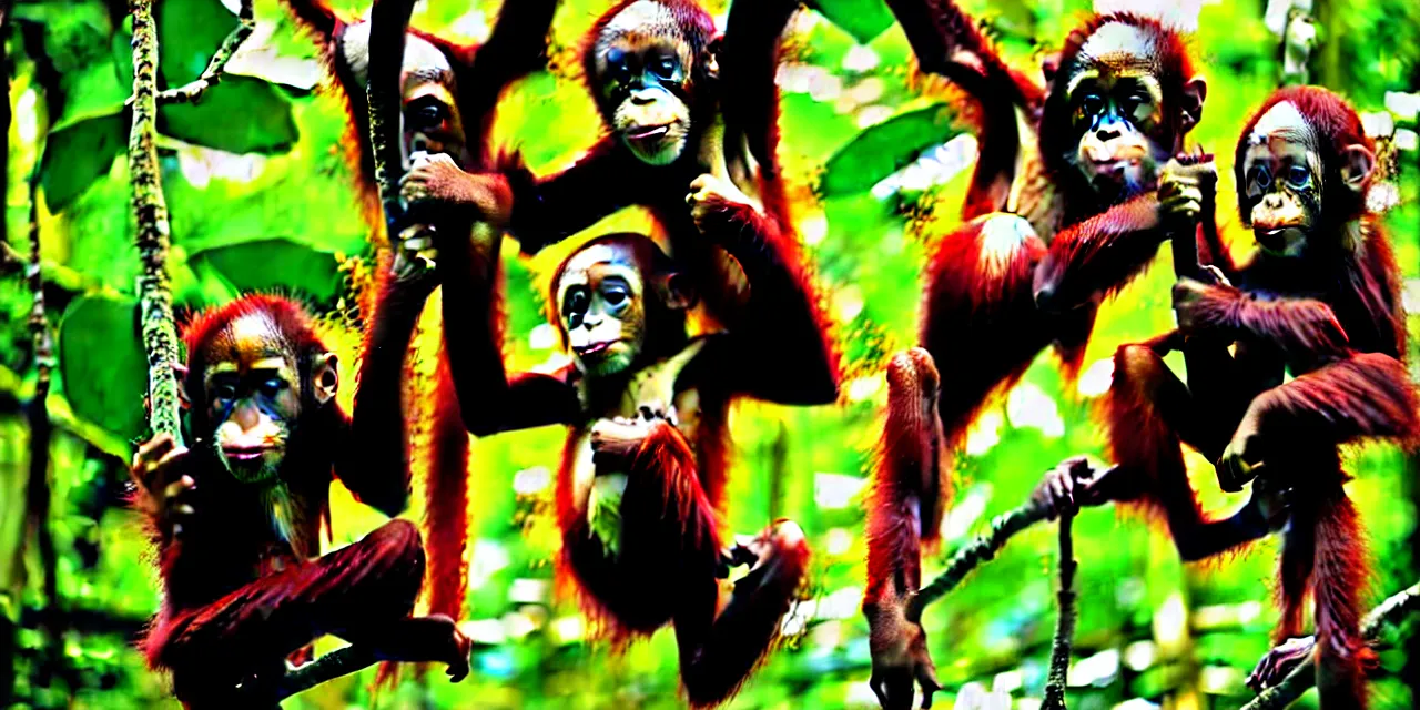 Image similar to graffiti art of baby orangutans playing in the rainforest jin yong