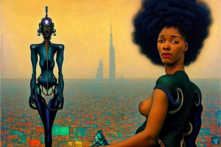 Prompt: realistic extremely detailed portrait painting of a beautiful black woman with a robot, city street on background by Jean Delville, Amano, Yves Tanguy, Ilya Repin, Alphonse Mucha, Ernst Haeckel, James C. Christensen, Edward Robert Hughes, Roger Dean, rich moody colours