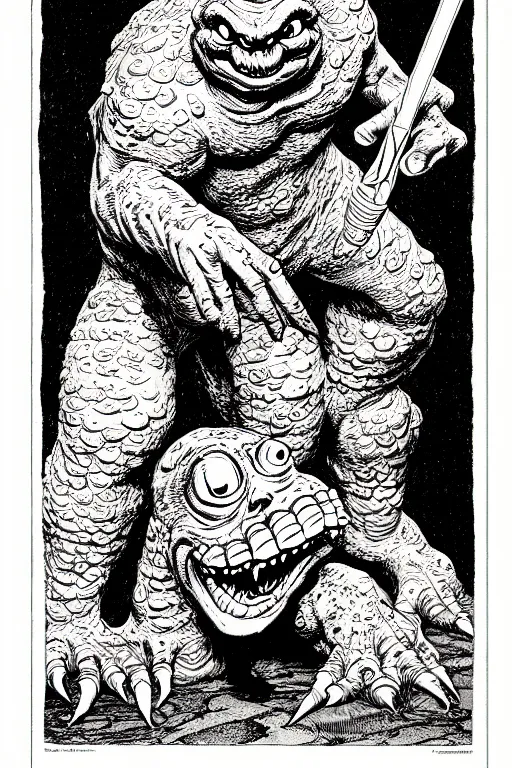 Image similar to slimer as a d & d monster, full body, pen - and - ink illustration, etching, by russ nicholson, david a trampier, larry elmore, 1 9 8 1, hq scan, intricate details, inside stylized border