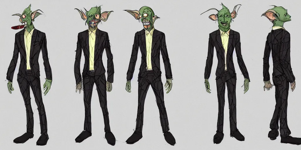 Image similar to Full body goblin, ripped suit, grinning, smile, concept sheet