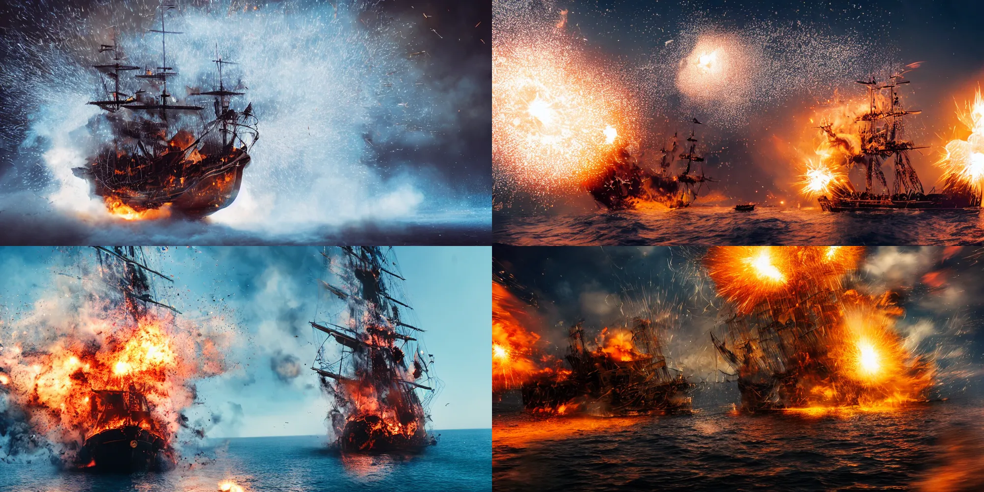 Prompt: action photography of an explosion on a pirate ship, fast shutter speed, high speed, VFX particle simulation, action photo, 1/1000 sec shutter