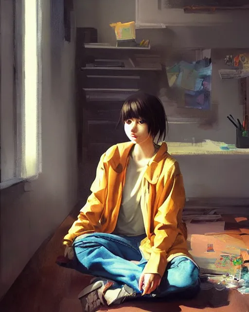 Image similar to A ultradetailed beautiful panting of a stylish girl sitting on the floor of a messy apartment, she is wearing an oversized jacket, Oil painting, by Ilya Kuvshinov, Greg Rutkowski and Makoto Shinkai