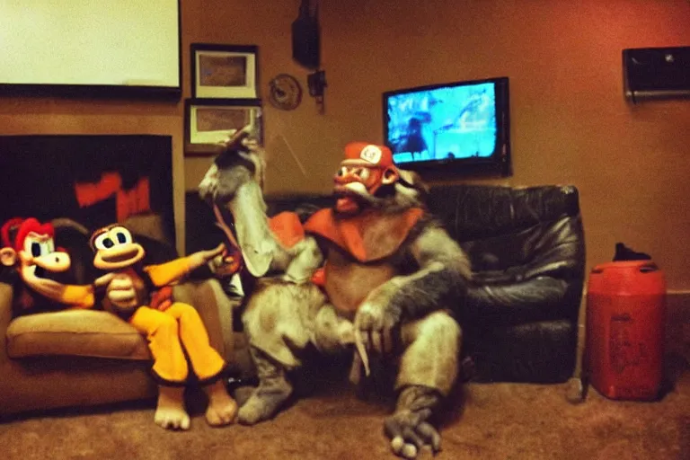 Prompt: a gritty photo made with a disposable camera of my living room where a real life Donkey Kong sits next to a real life King Bowser on the couch, while playing a video game