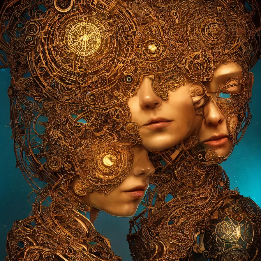 Image similar to beautiful symmetrical face portrait android woman time machine axonometric mechanical fantasy intricate elegant highly detailed in volumetric void of latent space lush flowers intricate jewellery, realm of the gods golden turquoise steampunk, axonometric high contrast cinematic light, mystical shadows, digital painting, sharp focus, octane render, photographic, concept art, artist leonardo davinci, unreal engine 8 k