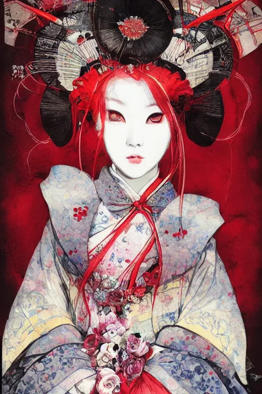 Prompt: watercolor painting of an avant - garde japanese geisha queen in a victorian lolita fashion red dress in the style of dark - fantasy painted by yoshitaka amano, christopher shy, ayami kojima, dmt art, symmetrical vogue face portrait, intricate detail, artstation, cgsociety, artgerm, rococo