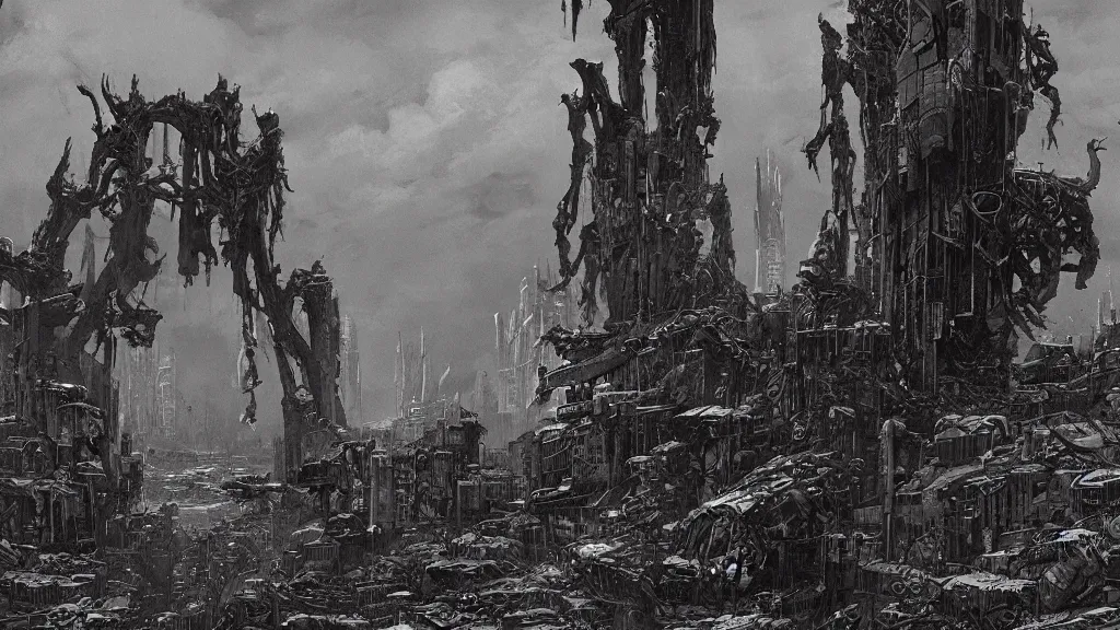 Image similar to group of survivors, post apocalypse remnants of civilization, machines, bleak, eerie atmospheric, by tsutomu nihei, gerald brom and vincent di fate, epic cinematic matte painting