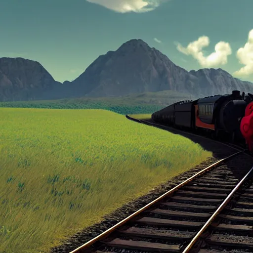 Image similar to miyazaki style, expansive landscape with mountains in the background and wind swept fields in the foreground, a steam powered train is going from left to right on tracks in the middle of the scene, ultra high quality render in 8 k ghibli film type