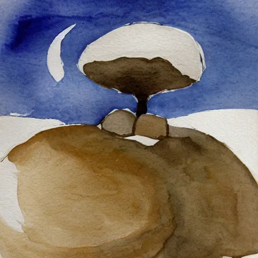 Prompt: snowy watercolor of sisyphus resting next to his boulder