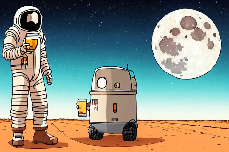 Image similar to a study of a cell shaded cartoon astronaut holding and drinking a beer on a desert road in front of a big moon, full body, wide shot, very muted colors, post grunge, studio ghibli, laurie greasley, highly detailed, deviantart, art by artgem