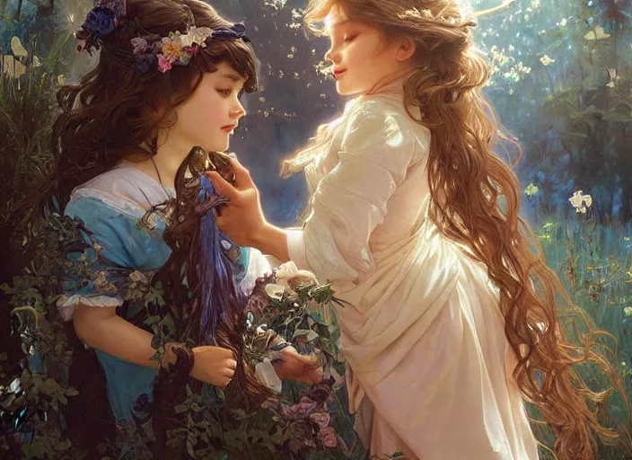 Prompt: a cute little girl with curly light brown hair and blue eyes meeting an elegant unicorn, beautiful fantasy painting by artgerm and greg rutkowski and alphonse mucha