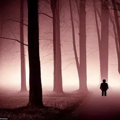 Image similar to God walks alone through the woods at night, gloomy, dark, foggy, night, ominous, dark color, atmospheric, cinematic lighting, intricate detail?