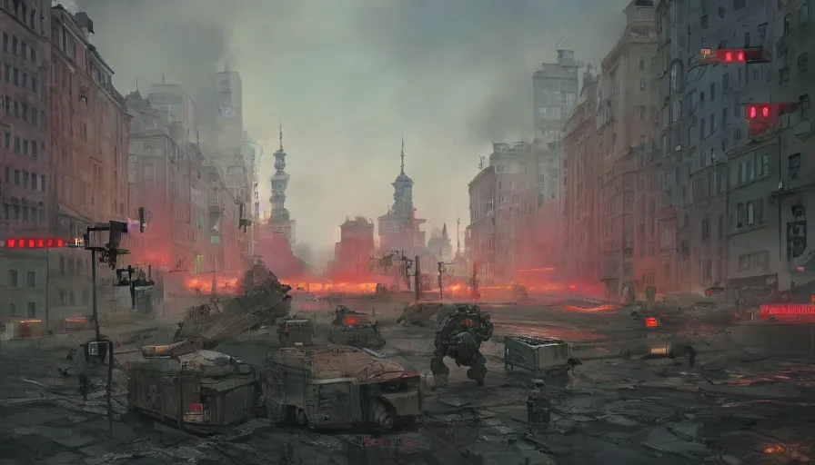 Image similar to warsaw downtown, soldiers and mech fight, simon stalenhag, 4 k, ultra detailed, explosions and smoke