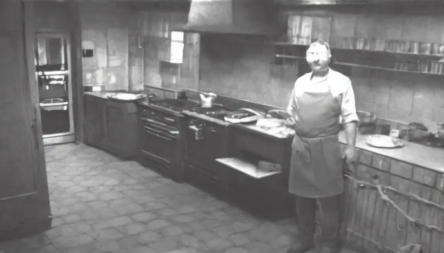 Image similar to a big snake and a man in a stalinist style kitchen, by mini dv camera, very very low quality, heavy grain, very blurry, accidental flash, webcam footage, found footage, security cam, caught on trail cam