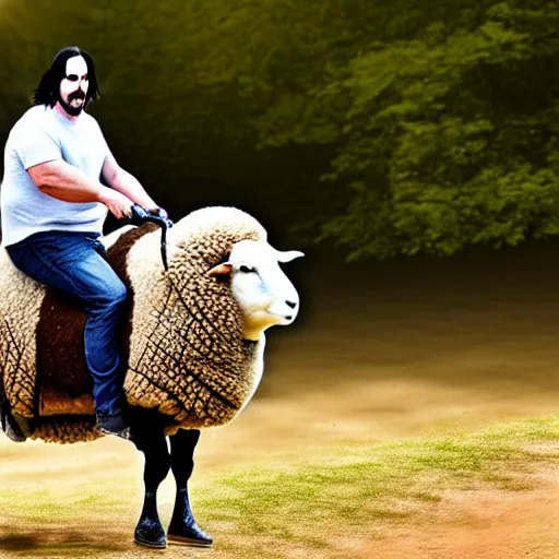 Image similar to morbidly obese keanu reeves riding a texel sheep, photo, detailed, 4 k