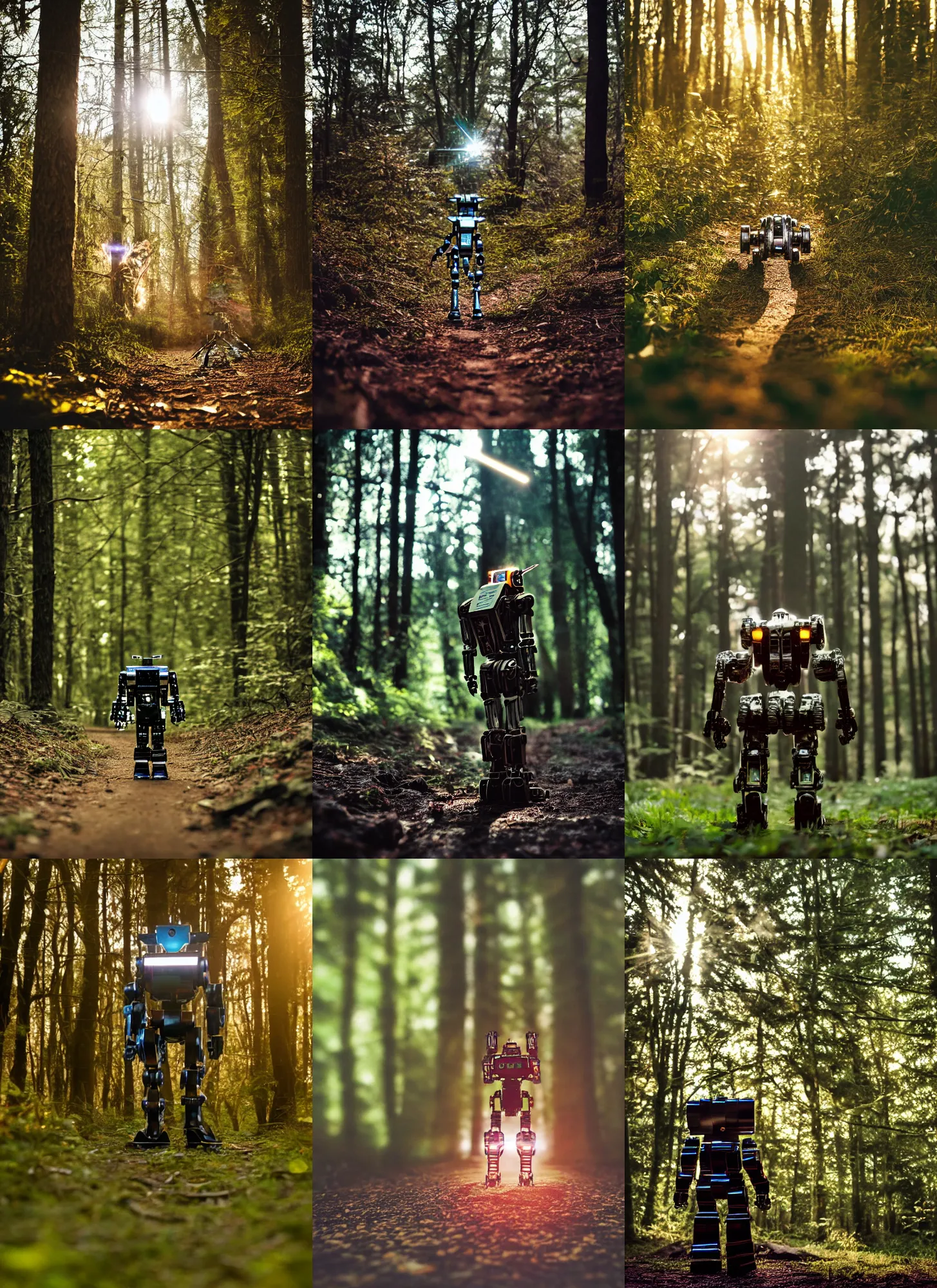 Prompt: a 3 5 mm photo from the back of a rabbit - mecha - robot - fusion walking in the woods, splash art, movie still, bokeh, canon 5 0 mm, cinematic lighting, dramatic, film, photography, golden hour, depth of field, award - winning, anamorphic lens flare, 8 k, hyper detailed, 3 5 mm film grain