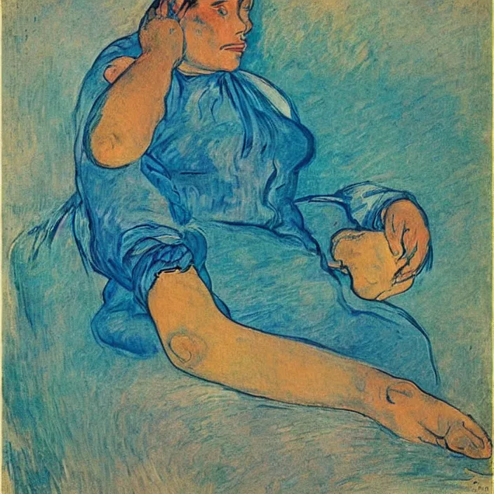 Image similar to portrait of a island woman. indigo blue, turquoise. henri de toulouse - lautrec, ferdand hodler, egon schiele, gauguin, kathe kollwitz