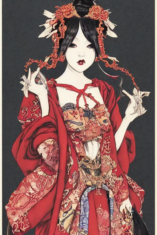 Image similar to a thoth tarot card of an avant - garde japanese bjd geisha vampire queen in victorian red dress in the style of dark - fantasy lolita fashion painted by yoshitaka amano, takato yamamoto, james jean, dmt art, symmetrical vogue face portrait, intricate detail, artstation, cgsociety, artgerm, gold skulls, rococo
