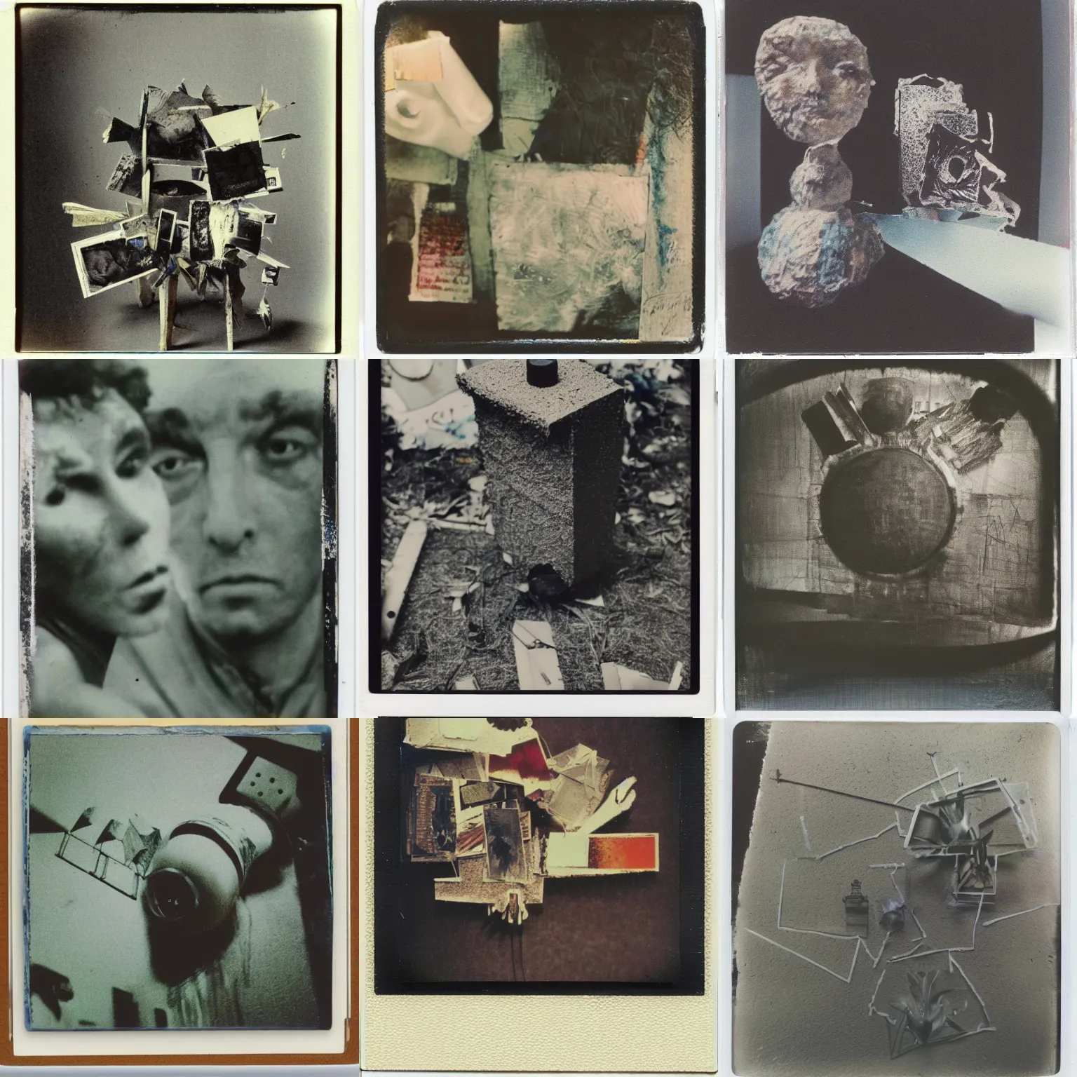 Prompt: polaroid photograph of a mixed media surrealist sculpture by robert rauschenberg and max ernst, 3 5 mm,