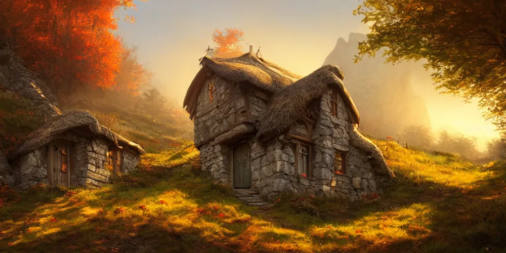 Prompt: a hobbit cottage on top of a steep hill, greg rutkowski, zabrocki, moebius, karlkka, jayison devadas concept art, highly detailed, autumn sunlights, smoky atmosphere, ( ray of sunlight ), ilya kuvshinov, ossdraws, 8 k, ultra wide angle, zenith view, lens effect