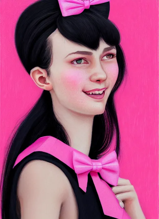 Image similar to portrait of teenage girl, realistic, black hair, bangs, half updo hairstyle, pointy nose, skinny, smile, ugly, defined jawline, big chin, pink hair bow, earrings, intricate, elegant, glowing lights, highly detailed, digital painting, artstation, sharp focus, illustration, art by wlop, mars ravelo and greg rutkowski