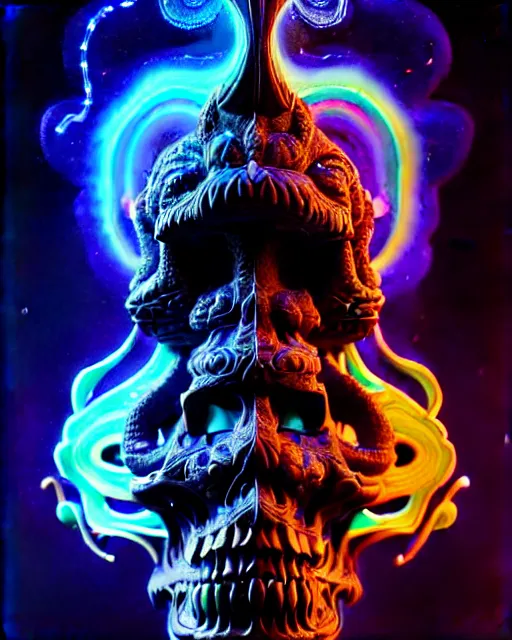 Image similar to 3 d ornate carved dark cosmic spirit with profile portrait, sigma 5 0 0 mm f / 5. beautiful intricate highly detailed quetzalcoatl skull. bioluminescent, plasma, lava, ice, water, wind, creature, thunderstorm! artwork by tooth wu and wlop and beeple and greg rutkowski, 8 k trending on artstation