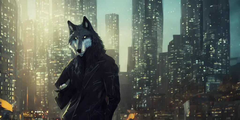 Image similar to an anthro! wolf with a black jacket, photorealistic uhd 8k, anime, city background, wistful, bokeh, artstation, unreal render