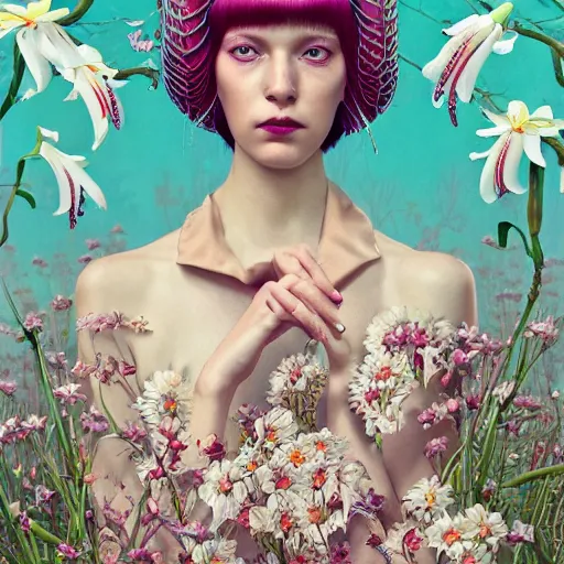 Image similar to pretty model with white lilies : : by martine johanna and simon stalenhag and chie yoshii and casey weldon and wlop : : ornate, dynamic, particulate, rich colors, intricate, elegant, highly detailed, vogue, botanical, harper's bazaar art, fashion magazine, smooth, sharp focus, 8 k, octane render