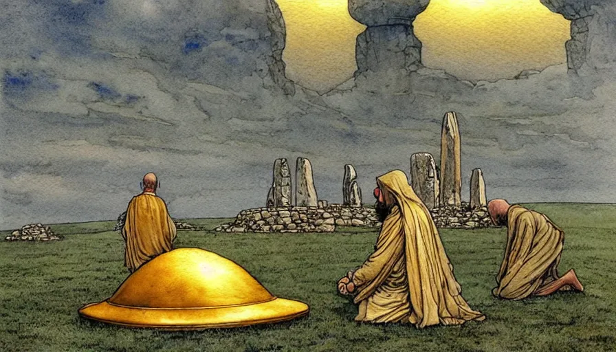 Image similar to a realistic and atmospheric watercolour fantasy concept art of a golden ufo landing on top of stonehenge. a giant medieval monk in grey robes on his knees praying. muted colors. by rebecca guay, michael kaluta, charles vess and jean moebius giraud