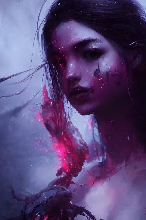 Image similar to a beautiful portrait of a young Demon women covered in deep purple flames by Greg Rutkowski, Sung Choi, Mitchell Mohrhauser, Maciej Kuciara, Johnson Ting, Maxim Verehin, Peter Konig, Bloodborne , 8k photorealistic, cinematic lighting, HD, high details, atmospheric , trending on artstation