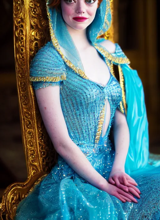 Prompt: portrait of emma stone as princess jasmine in persian palace, by charlotte grimm, natural light, detailed face, beautiful crossed hands,, canon eos c 3 0 0, ƒ 1. 8, 3 5 mm, 8 k, medium - format print, half body shot