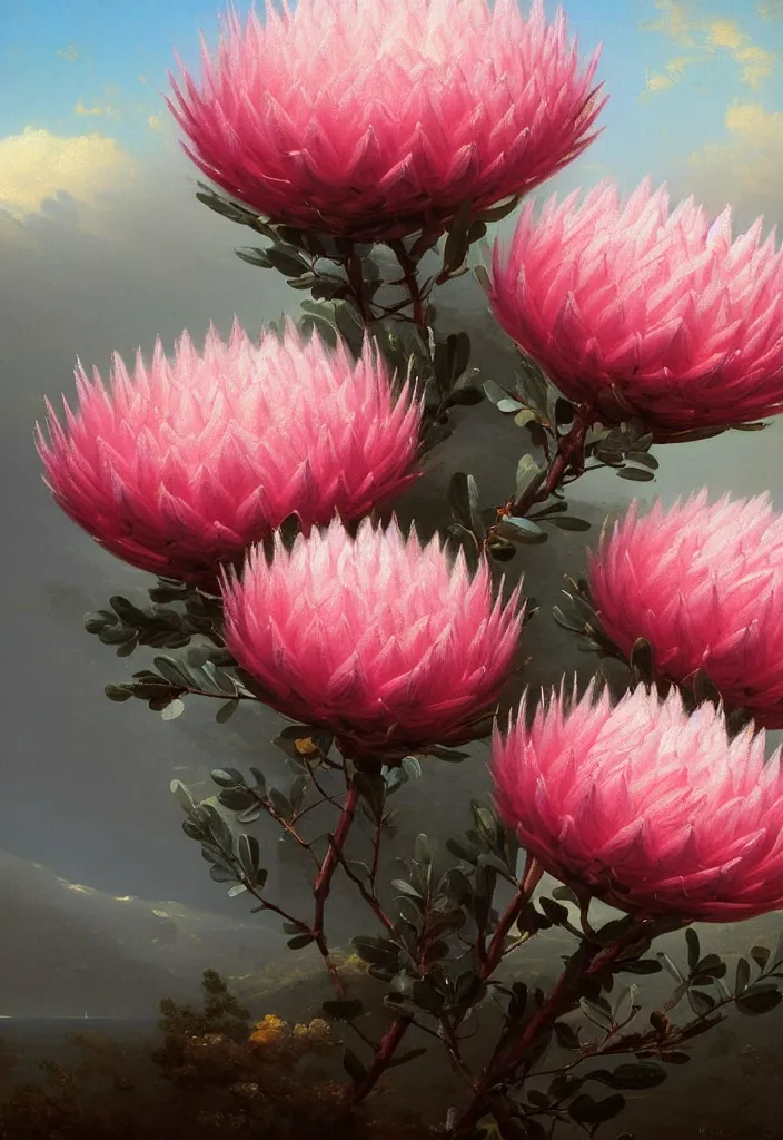Prompt: detailed pink and white proteas against a black backdrop by ivan aivazovsky, detailed brush strokes, oil painting,, muted colours, artstation