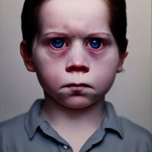 Image similar to high quality high detail portrait by gottfried helnwein, hd, a remorseless psychopath, intense unsettling look in the eyes, photorealistic lighting