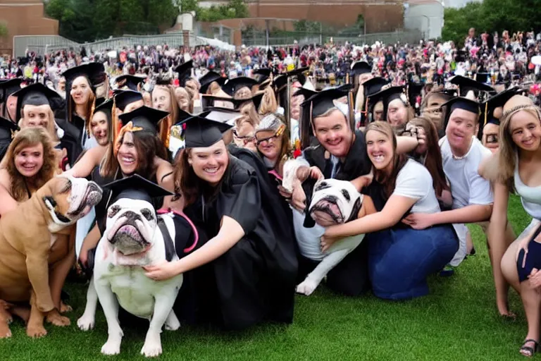 Image similar to a crowd of high school graduates petting an english bulldog wearing a crown