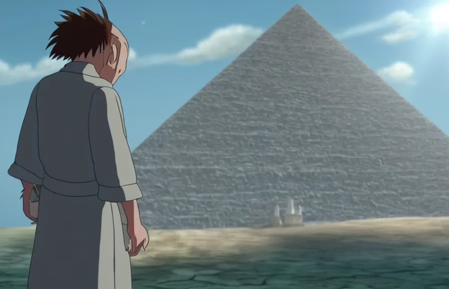 Image similar to a cell - shaded cartoon movie still from howl's moving castle ( 2 0 0 4 ) of a monk in a grey robe. in the background is a white pristine pyramid in the ocean. shafts of sunlight come from above. wide shot, very dull muted colors, hd, 4 k, hq