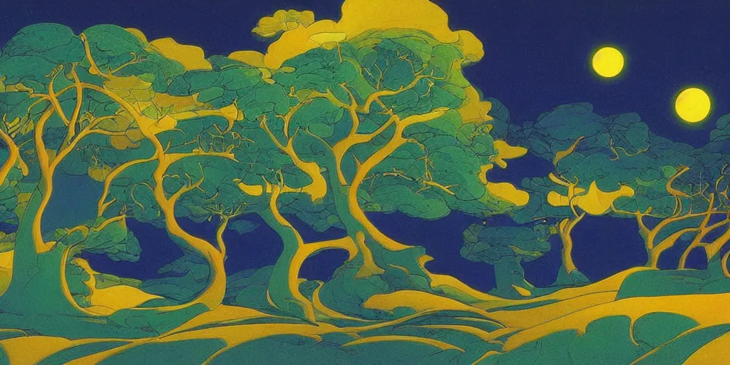 Image similar to a night landscape background, paul ranson, rob gonsavles, eyvind earle