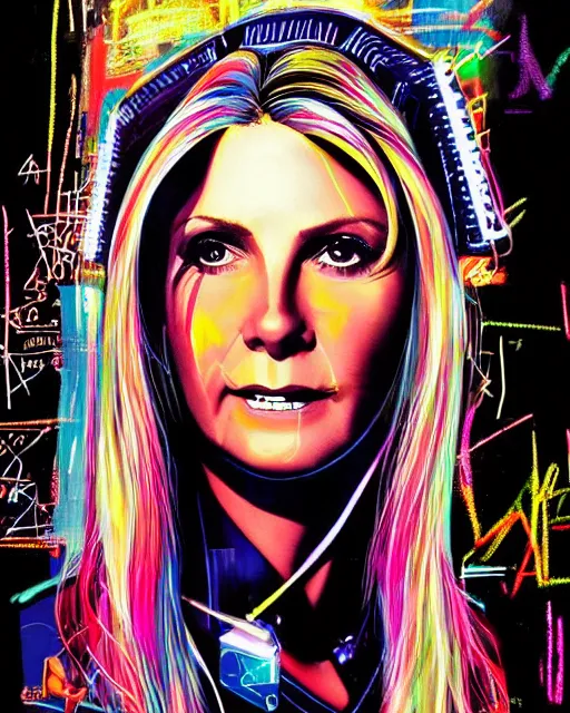 Prompt: a cyberpunk portrait of olivia newton - john by jean - michel basquiat, by hayao miyazaki by artgerm, highly detailed, sacred geometry, mathematics, geometry, cyberpunk, vibrant, water