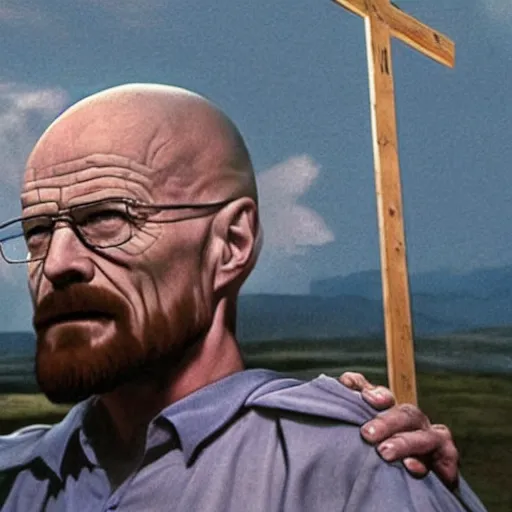 Image similar to walter white crucifies jesus, hyperrealistic