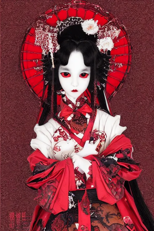 Prompt: japanese bjd geisha vampire queen in victorian red dress in the style of dark - fantasy lolita fashion painted by yoshitaka amano, takato yamamoto, james jean, dmt art, symmetrical vogue face portrait, volumetrics, intricate detail, artstation, cgsociety, artgerm, gold skulls, rococo