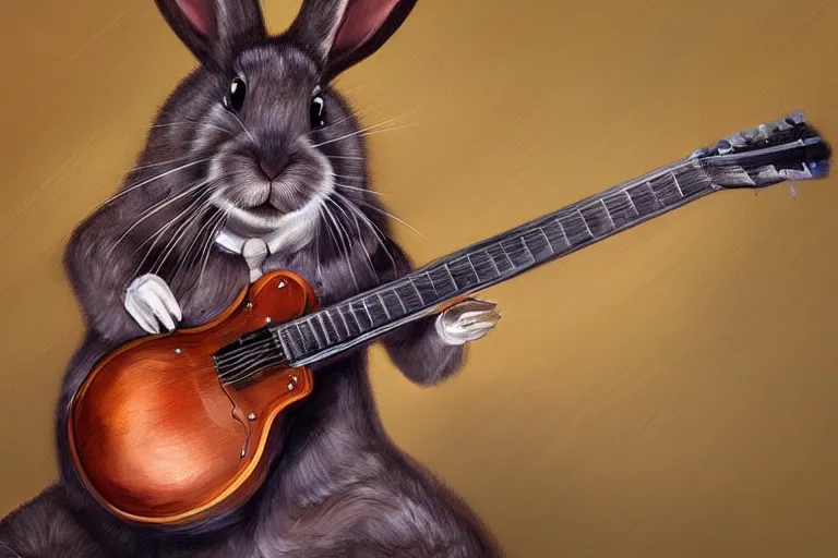 Image similar to a hyperdetailed digital oil painting of a rabbit is playing the guitar, cartoon, trending on artstation and deviantart