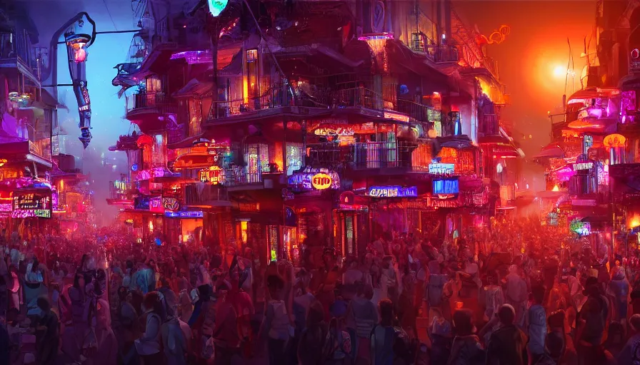 Image similar to futuristic crowded bourbon street, color lights, sunset, fanfare, hyperdetailed, artstation, cgsociety, 8 k