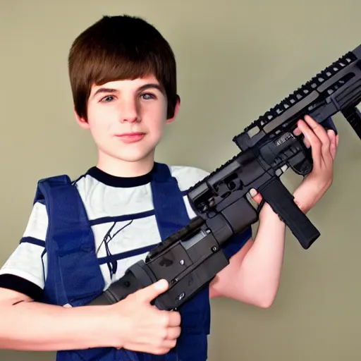 Prompt: boy from Diary of a Wimpy Kid holding an AR-15