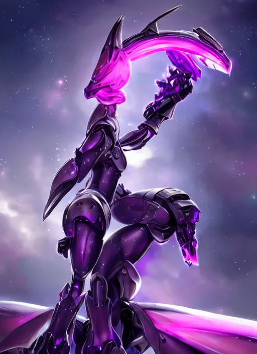 Image similar to cinematic giantess shot, cosmic sized beautiful stunning elegant hot giant robot mecha female dragon goddess, sharp sleek cyborg dragon head, sharp metal ears, smooth purple eyes, smooth fuschia skin, smooth silver armor, nebula sized, epic proportions, epic scale, macro furry, furry art, dragon art, goddess art, giantess art, warframe fanart, furaffinity, octane