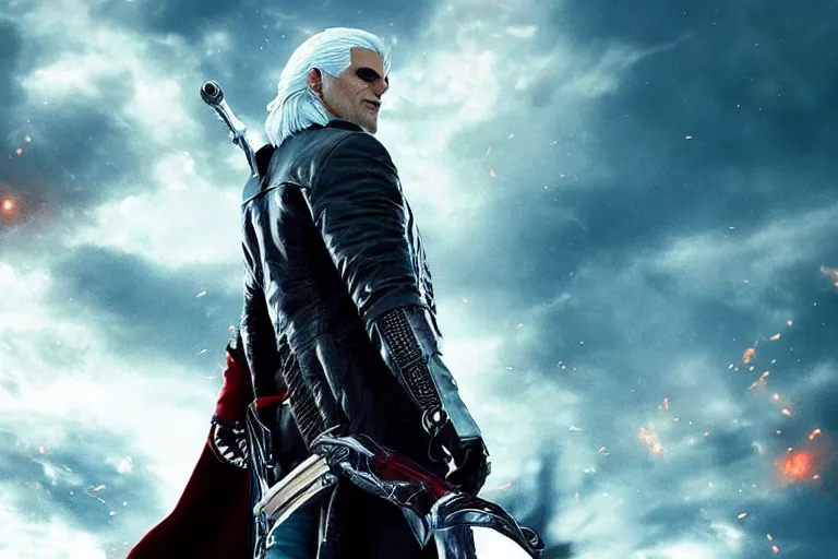 Prompt: vfx movie closeup suave handsome grinning vampire with long white hair, trench coat, dual wielding large revolvers, leaping into the air, low gravity in a shattered reality of new york city, cool aviators witcher devil may cry by emmanuel lubezki