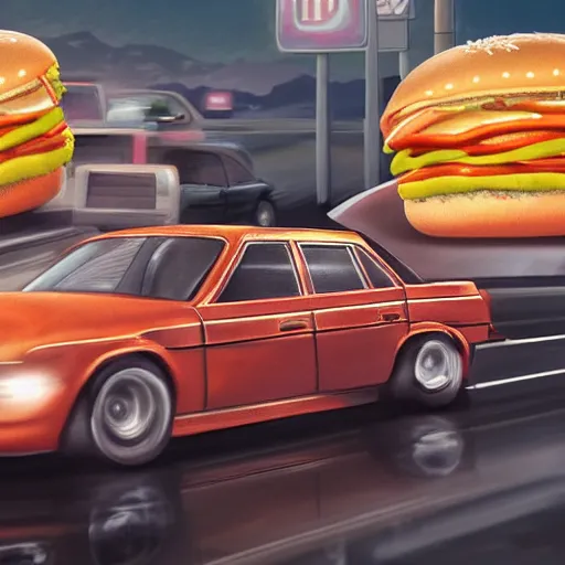 Prompt: Hyperrealistic ultradetailed digital art of Jesse Pinkman driving a car made out of a hamburger on a busy highway in Los Angeles, realistic, detailed lighting, cinematic, trending on artstation and 500px and behance