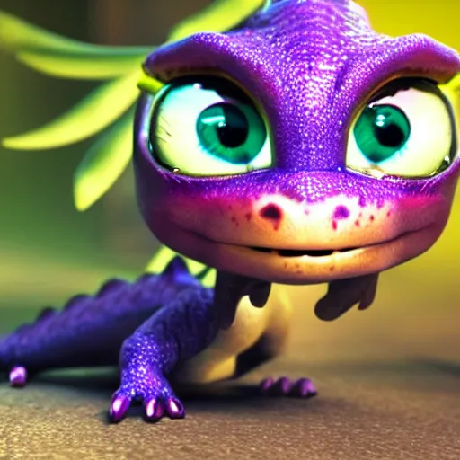 Image similar to adorable baby dragon, the dragon is purple and glittery, big eyes, Pixar CGI, octane render, kawaii